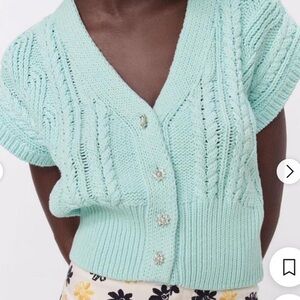 Zara Blue Knit Vest with Floral Gem Buttons in size small.